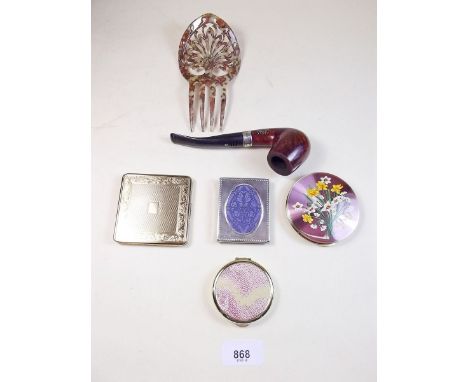 A Stratton compact, Kigu compact, hair comb etc and a silver mounted Carey pipe