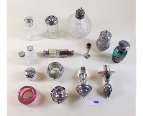 A collection of silver and silver plated scent bottles, cruets etc including silver mounted cranberry glass salt, silver topp