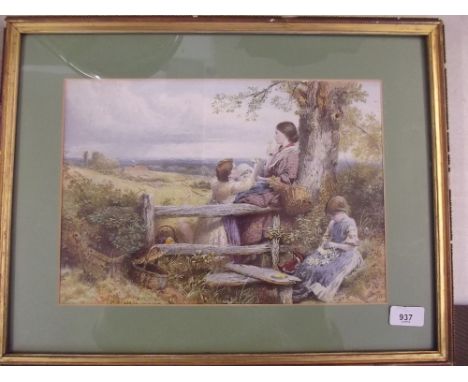 A print after Birkett Foster of a woman and children by a stile 25 x 35cm
