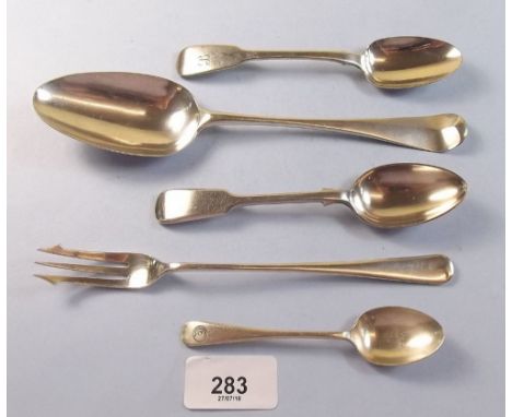 A Georgian silver tablespoon 1765, a silver pickle fork 1963 - 150g and three silver Exeter teaspoons 