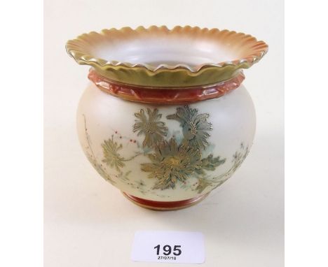 A Royal Worcester frilled topped vase painted green and gilt chrysanthemums - 10cm