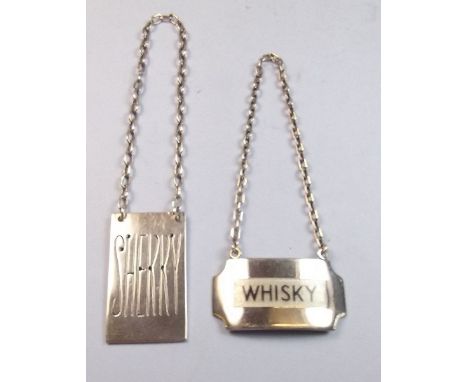 A silver and enamel whisky decanter label - London 1972 and a silver plated sherry label 