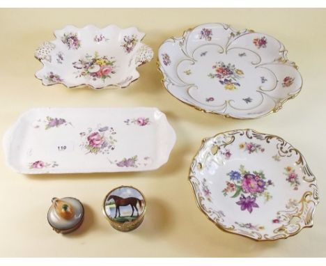 Four various floral printed dishes including Hammersley and two porcelain boxes
