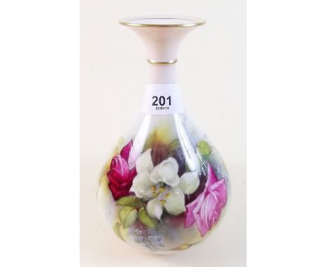 A Royal Worcester specimen vase painted roses and lily by W H Austin 1901, H293, 19cm