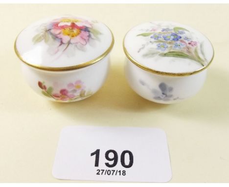 Two Royal Worcester miniature circular boxes and lids painted flowers