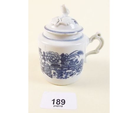 A Royal Worcester 18th century blue and white mustard pot with matched lid and hairline crack