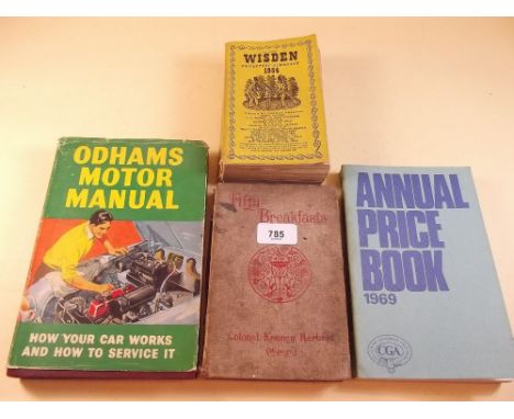 Four books comprising Wisdens cricketers Almanack, Fifty Breakfasts by Kenny Herbert, a CGA price guide and an Oldhams Motor 