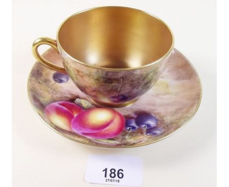 A Royal Worcester cup and saucer painted fruit - peaches and cherries by Freeman - 1952-4