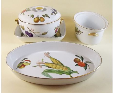 A group of Royal Worcester Evesham dinner service items including: tureen, two serving dishes and oval tureen, lacking lid