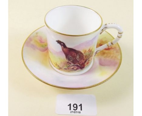 A Royal Worcester Connoisseur Collection coffee can and saucer after James Stinton 'Game Birds'