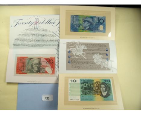 Australian: 3 off banknotes from the 1st polymer print run for 10 and 20 dollars November 1993 and October 1994 supplied in p