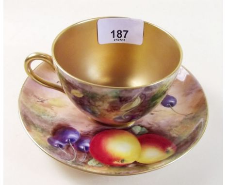 A Royal Worcester cup and saucer painted fruit - apple and cherries by Freeman - 1952-3