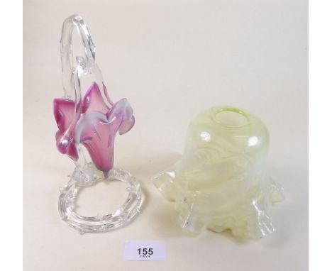 A Victorian vaseline glass lamp shade and and Victorian pendant posy holder and stand of flower form