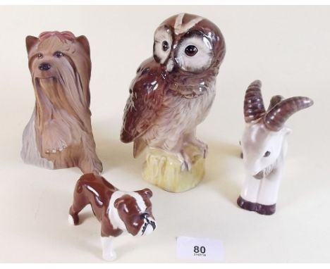 A Beswick Tawny Owl whisky flask, a Beswick goat, bull dog and terrier