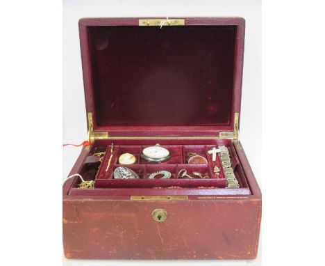 A red leather jewel box containing a quantity of mixed jewellery to include an 18ct gold chain (9.1g), a 9ct foliate brooch (