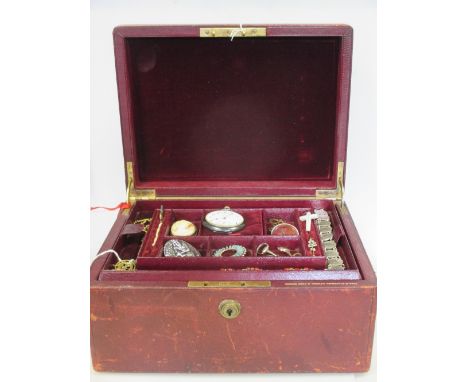 A red leather jewel box containing a quantity of mixed jewellery to include an 18ct gold chain (9.1g), a 9ct foliate brooch (