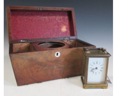 A brass cased carriage clock and a mahogany tea caddy (2)  