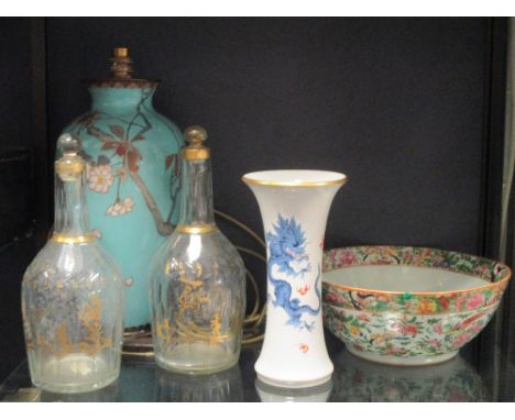 A cloisonne lamp base (39cm high), famille rose bowl, pair of gilt decanters and a Meissan vase  