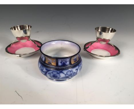 A small Macintyre Moorcroft bowl, decorated in blues with gilt detailing, printed marks, together with a pair of electroplate