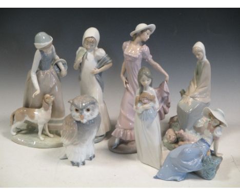 Seven Nao figurines of ladies and an owl, tallest 30cm (7)  