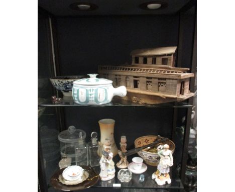 A glass decanter, a blue and white bowl, a toy boat etc  