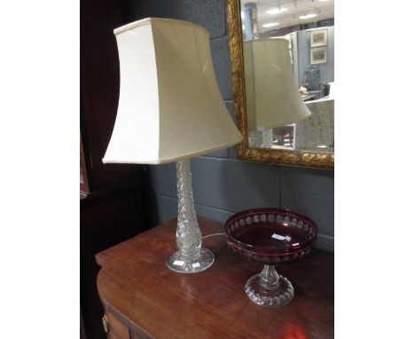 A Bohemian cut ruby glass tazza and a cut glass table lamp (2)  