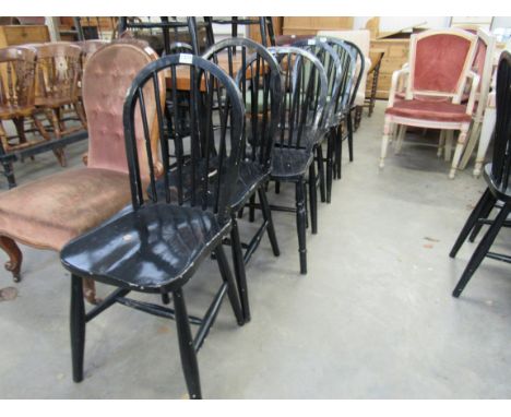 Six black painted stick back chairs 