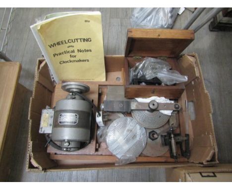 A Chronos wheel cutting engine for restoration, mounted with motor, various cutters, division plates and accessories and ephe