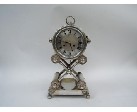 An Austrian mantel clock, circa 1840, silk suspension, one-day movement in silver plated case of unusual design, Roman numera