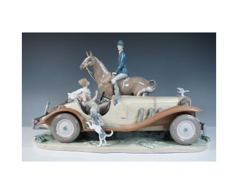 Glossy finish. Large limited edition figure showcasing an elegant scene with a vintage car, a rider on horseback, and a pair 