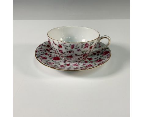 Beautiful vintage porcelain tea cup and saucer set by Yada China, featuring an intricate chintz floral pattern in shades of r