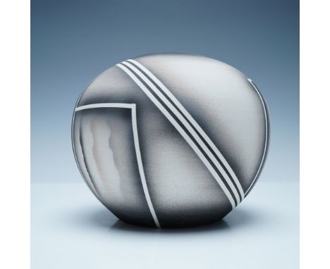 A striking ceramic vessel by artist Steve Sanders, featuring a modern geometric design in a monochromatic palette. The piece 