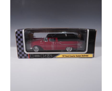 This 1:18 scale diecast model by Yatming replicates the classic 1957 Ford Courier Sedan Delivery, featuring a red body with b