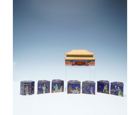 A finely crafted Chinese cloisonne and porcelain box set, featuring a rectangular lidded box shaped like a traditional Chines