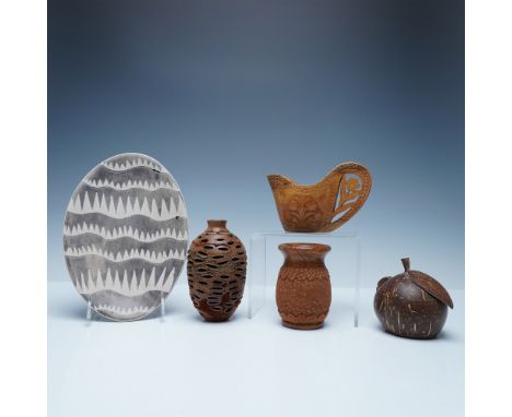 A unique collection of five decorative vessels and one plate, each showcasing distinct artistic techniques. The set includes 