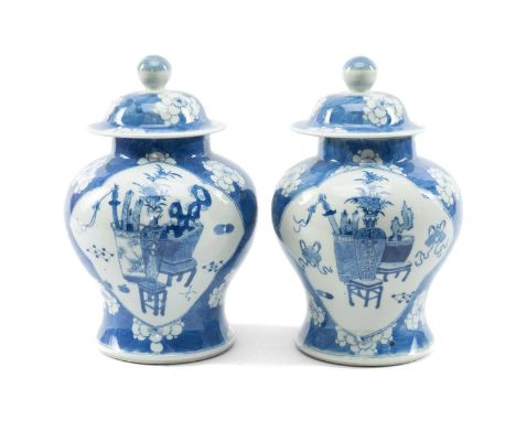 PAIR OF CHINESE BLUE & WHITE PORCELAIN VASES, early 20th Century, each of baluster form, painted with scholars objects and an
