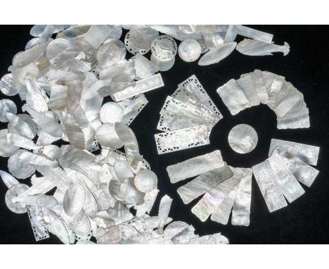 ASSORTED CHINESE MOTHER OF PEARL GAMING COUNTERS, vaiously shaped, and including set of 4 rectangular counters with engraved 
