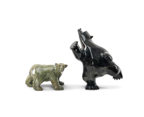 MOSESEE POOTOOGOOK, dark  and light green steatite - Polar Bears, one standing on one leg, the other walking, 9cms (h) and 7c