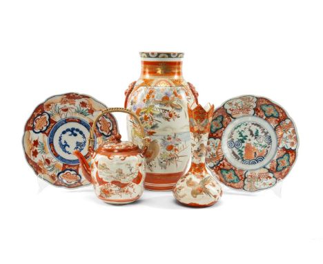 ASSORTED JAPANESE PORCELAIN, including Kutani vase 31cms, Kutani bottle vase 21cms, Kutani teapot 16cms (w), pair Imari kikug