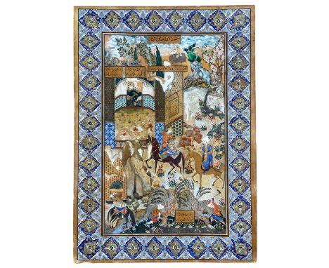 AFTER MIR MUSAVIR, Iran/Persia, late 19th/early 20th C. - Nushirvan and the Owls, gouache and gold on card, panels at top con