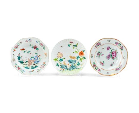 THREE CHINESE FAMILLE ROSE DISHES, comprising 'double quail' fluted dish with 4-character Qianlong seal mark, and two export 