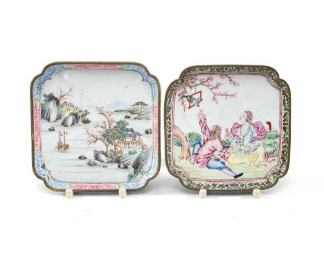 TWO CANTON ENAMEL SPOON DISHES, Qianlong, one European-subject with figures at a picnic feeding a parrot on a perch in a tree