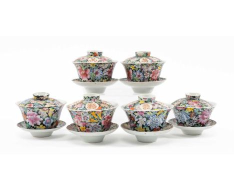 MATCHED SET SIX CHINESE FAMILLE ROSE 'MILLE FLEURS' PATTERN  SOUP BOWLS, 20th Century, with covers and deep saucers, all deco