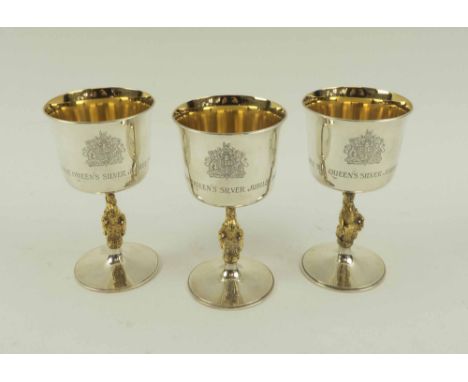 SET OF THREE GARRARD & CO. GOBLETS, commemorating the 'Silver Jubilee', silver and gilt, limited edition, 250/2500, 260/2500,