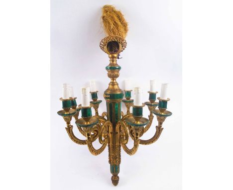 CHANDELIER, early 20th century, gilt, brass and malachite, with eight leaf cast lighting arms, approx 68cm H (fault to one br
