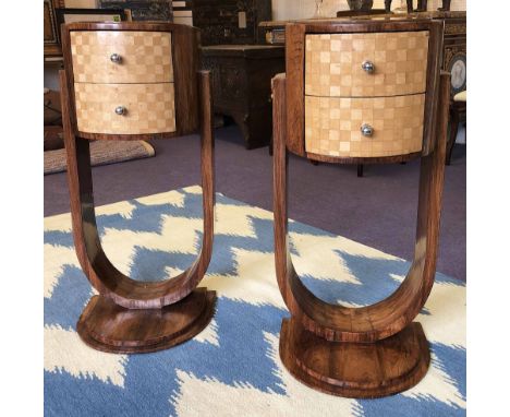 BEDSIDE TABLES, a pair, Art Deco design rosewood, each having two marquetry inlaid drawers. 84cm H x 40cm W x 33cm D. (with f