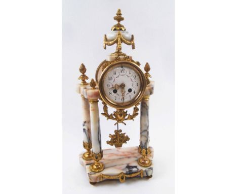 FRENCH PORTICO CLOCK, variegated marble, with gilt metal mounts, bell striking movement 47cm H overall (glass to dial lacking