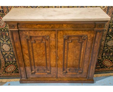 SIDE CABINET, Victorian burr walnut with variegated marble top above two panelled and moulded doors, enclosing a shelf, 107cm