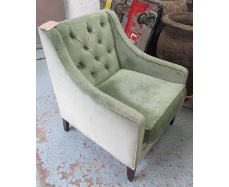 ARMCHAIR, in buttoned sea green fabric on square supports, from Sofa Chair Company, original cost £1500, 72cm W. 