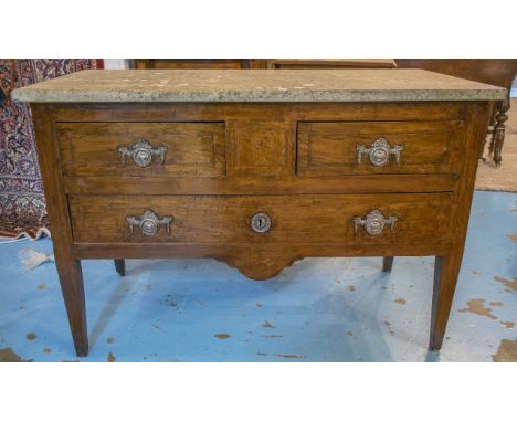 COMMODE, 18th century, Italian walnut, with limestone top above two short and one long drawer, with silvered metal handles an